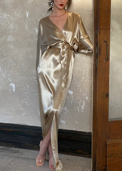 Silk V Neck Gold Waist Dresses Long Pockets Fall Loose Tie FashionChic