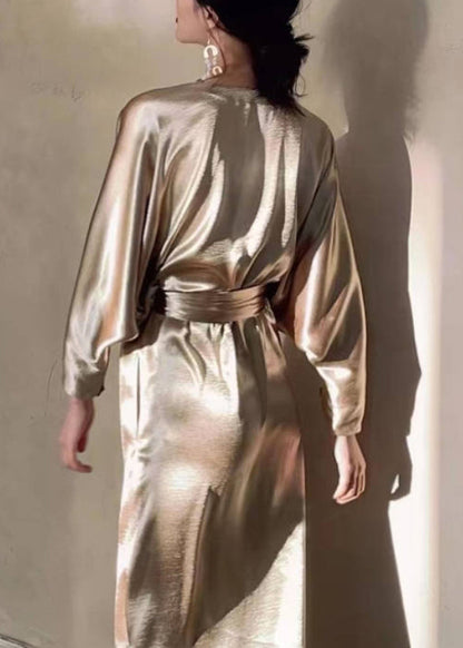 Silk V Neck Gold Waist Dresses Long Pockets Fall Loose Tie FashionChic