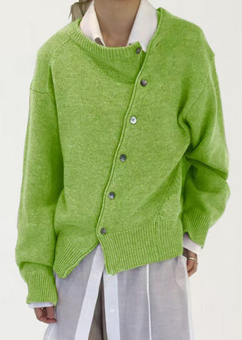 Button Coat Knit Asymmetrical Solid Green Loose Spring FashionChic