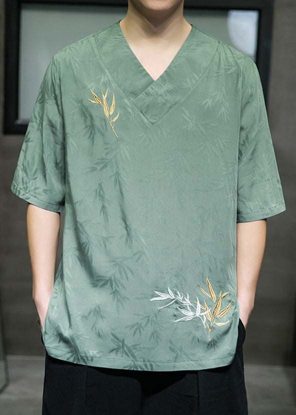 Loose Green Butterfly Print Ice Silk Mens T Shirts Summer LK058 Men-Silk-MENT240630