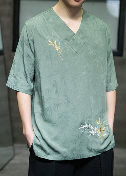 Loose Green Butterfly Print Ice Silk Mens T Shirts Summer LK058 Men-Silk-MENT240630