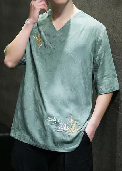 Loose Green Butterfly Print Ice Silk Mens T Shirts Summer LK058 Men-Silk-MENT240630