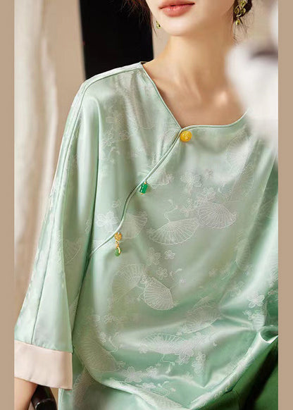 Loose Green Button Print Silk Shirt Bracelet Sleeve AB1051 Genistyle Shop