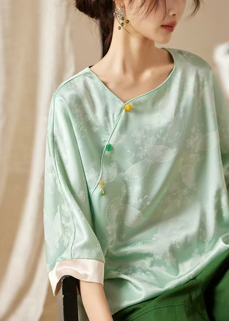 Loose Green Button Print Silk Shirt Bracelet Sleeve AB1051 Genistyle Shop