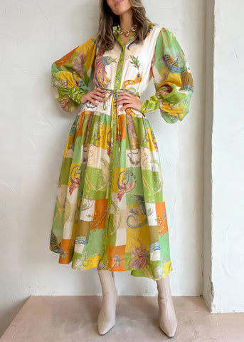 Loose Green Button Print Tie Waist Cotton Shirts Dress Lantern Sleeve FF087 SH-LF-FDL240603