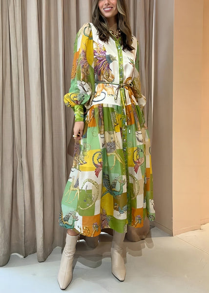 Loose Green Button Print Tie Waist Cotton Shirts Dress Lantern Sleeve FF087 SH-LF-FDL240603