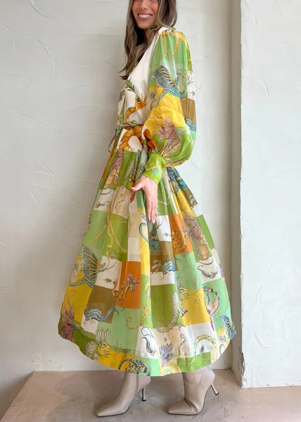 Loose Green Button Print Tie Waist Cotton Shirts Dress Lantern Sleeve FF087 SH-LF-FDL240603