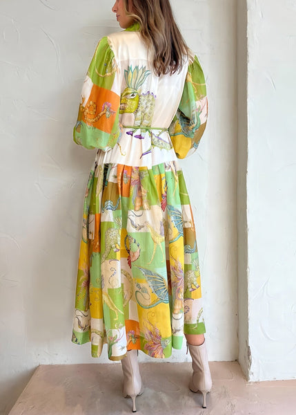 Loose Green Button Print Tie Waist Cotton Shirts Dress Lantern Sleeve FF087 SH-LF-FDL240603
