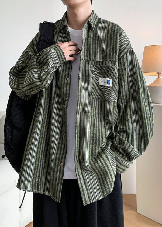 Cotton Button Striped Men Pockets Shirts Loose Spring Green FashionChic