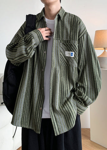 Cotton Button Striped Men Pockets Shirts Loose Spring Green FashionChic