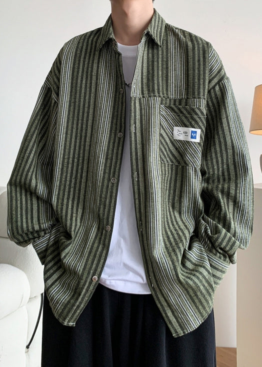 Cotton Button Striped Men Pockets Shirts Loose Spring Green FashionChic