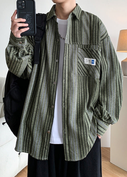 Cotton Button Striped Men Pockets Shirts Loose Spring Green FashionChic