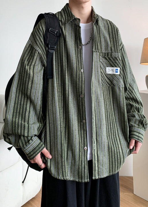 Cotton Button Striped Men Pockets Shirts Loose Spring Green FashionChic