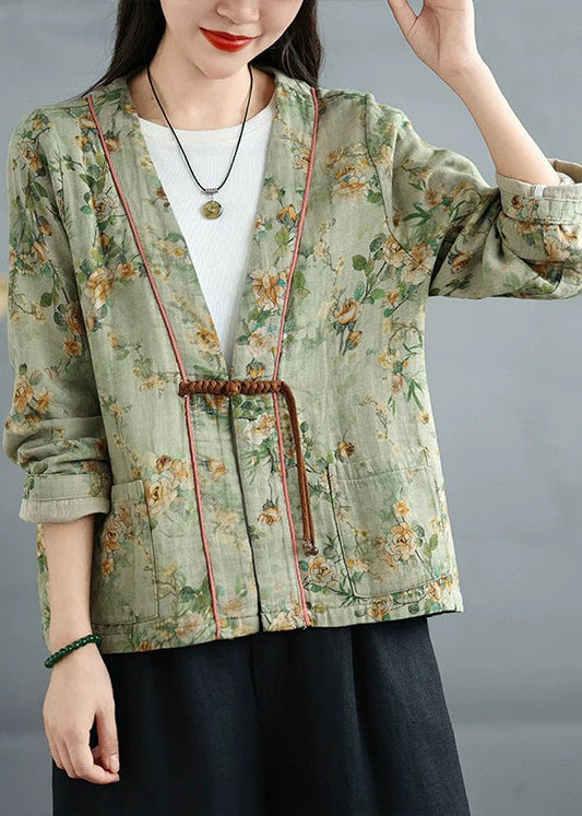 Loose Green Chinese Button Print Cotton Coat Fall QG035 OM-CTS241016