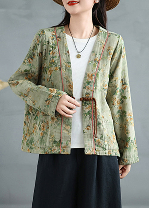 Loose Green Chinese Button Print Cotton Coat Fall QG035 OM-CTS241016