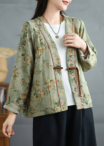 Loose Green Chinese Button Print Cotton Coat Fall QG035 OM-CTS241016