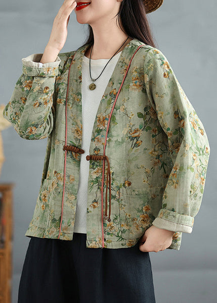 Loose Green Chinese Button Print Cotton Coat Fall QG035 OM-CTS241016