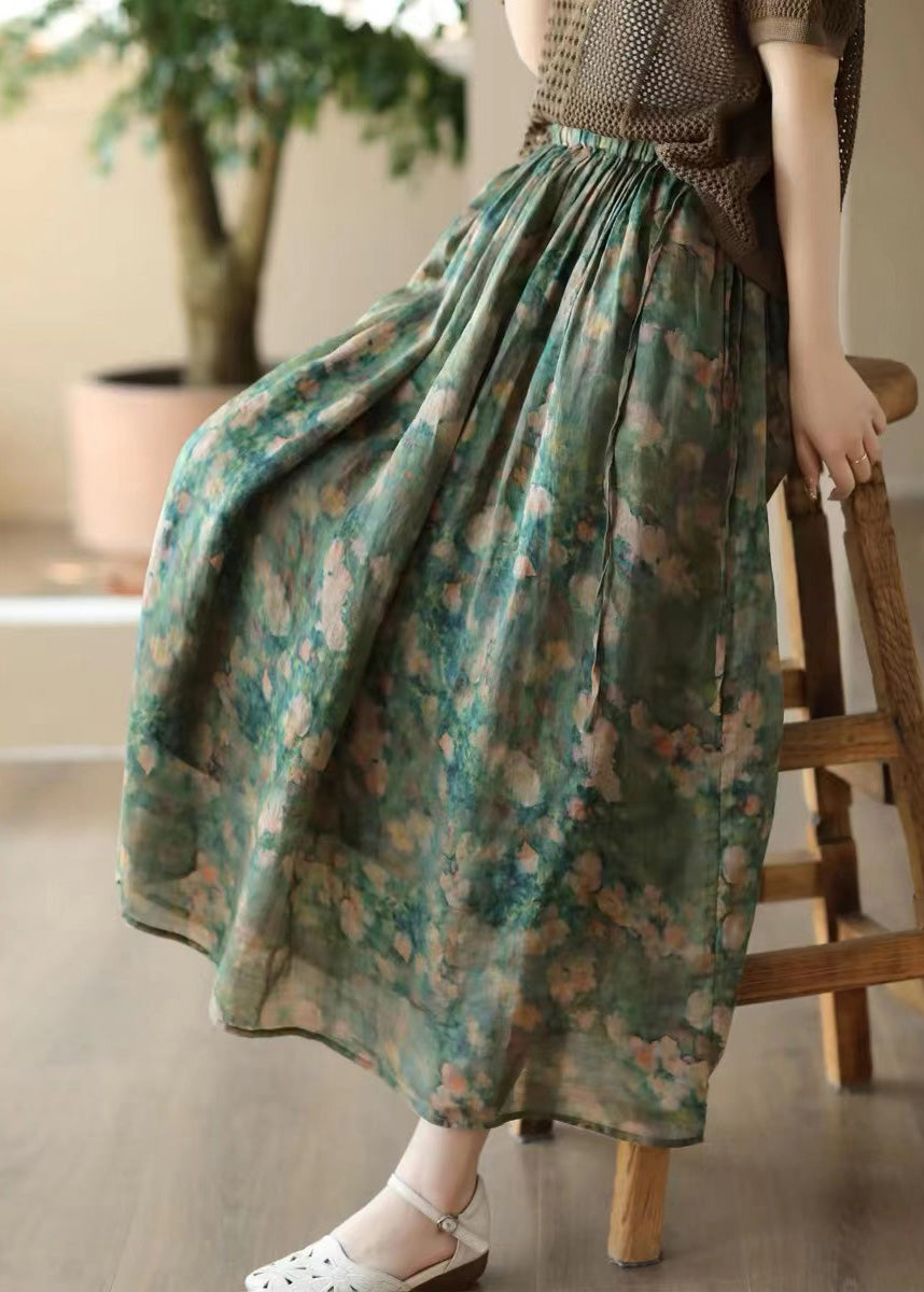 Loose Green Elastic Waist Print Linen Skirts Summer LK030 GK-SKTS240710