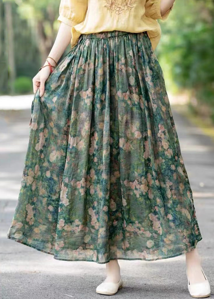 Loose Green Elastic Waist Print Linen Skirts Summer LK030 GK-SKTS240710