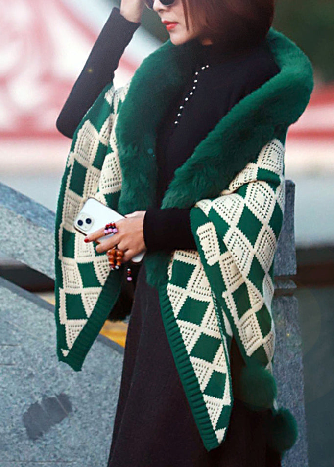 Loose Green Fur Collar Patchwork Geometric Knit Shawl WP030 NZ-SCF241107