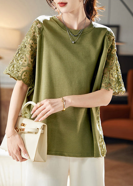 Hollow Patchwork Out Shirts Lace Green Loose T Summer FashionChic