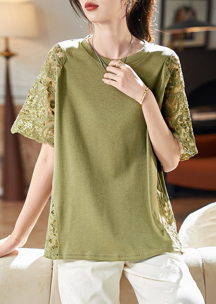 Hollow Patchwork Out Shirts Lace Green Loose T Summer FashionChic