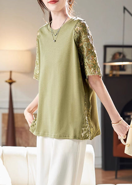 Hollow Patchwork Out Shirts Lace Green Loose T Summer FashionChic