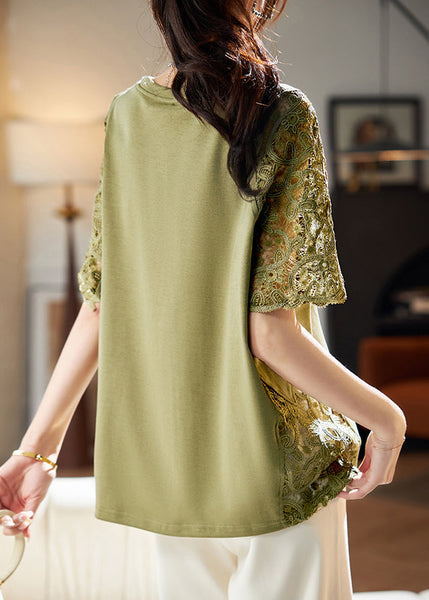 Hollow Patchwork Out Shirts Lace Green Loose T Summer FashionChic