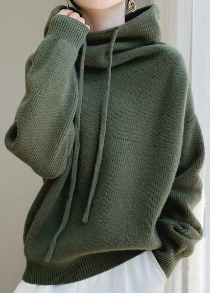 Wool Sweaters Up Spring Hooded Green Loose Knit Lace FashionChic
