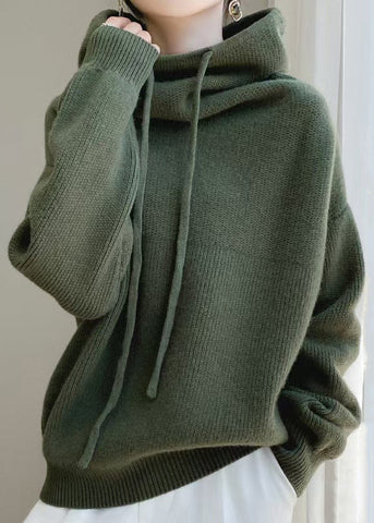 Wool Sweaters Up Spring Hooded Green Loose Knit Lace FashionChic
