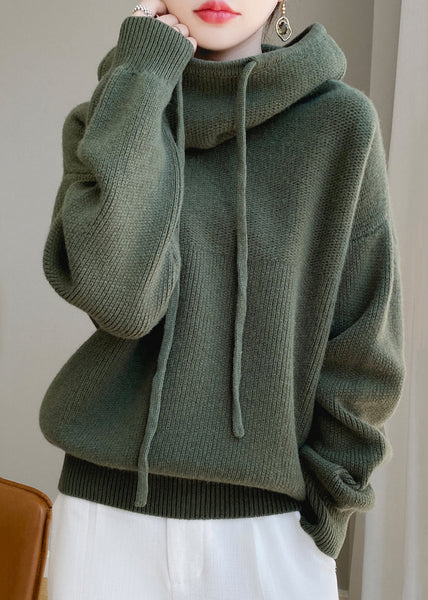 Wool Sweaters Up Spring Hooded Green Loose Knit Lace FashionChic