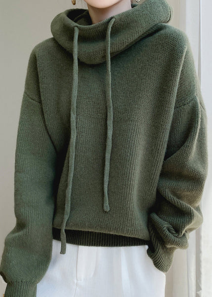 Wool Sweaters Up Spring Hooded Green Loose Knit Lace FashionChic