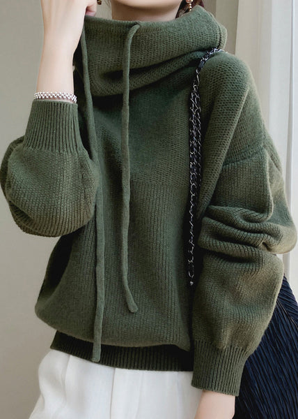 Wool Sweaters Up Spring Hooded Green Loose Knit Lace FashionChic