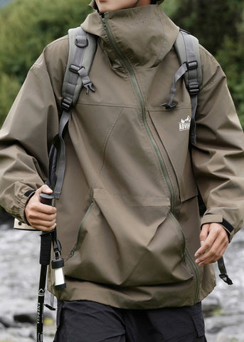 Pockets Hooded Loose Cotton Green Men Spring Zippered Coat FashionChic