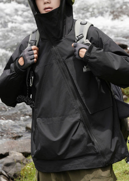 Pockets Hooded Loose Cotton Green Men Spring Zippered Coat FashionChic