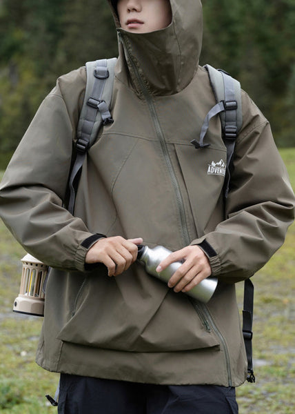 Pockets Hooded Loose Cotton Green Men Spring Zippered Coat FashionChic