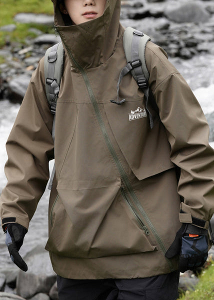 Pockets Hooded Loose Cotton Green Men Spring Zippered Coat FashionChic