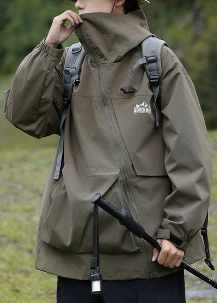 Pockets Hooded Loose Cotton Green Men Spring Zippered Coat FashionChic