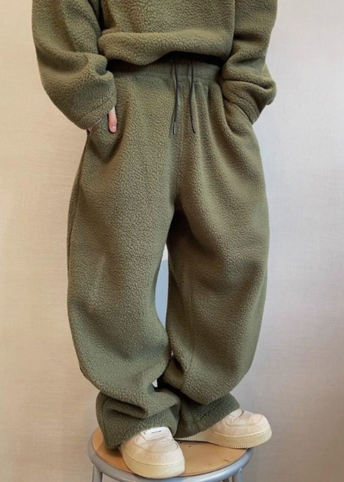 Loose Green Lace Up Elastic Waist Teddy Faux Fur Mens Pants Winter RM039 ABC