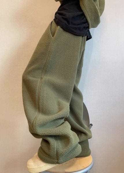 Loose Green Lace Up Elastic Waist Teddy Faux Fur Mens Pants Winter RM039 ABC