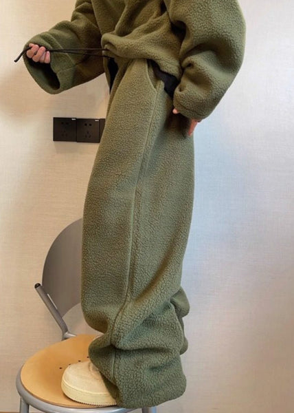 Loose Green Lace Up Elastic Waist Teddy Faux Fur Mens Pants Winter RM039 ABC