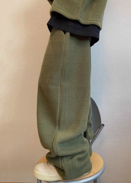 Loose Green Lace Up Elastic Waist Teddy Faux Fur Mens Pants Winter RM039 ABC