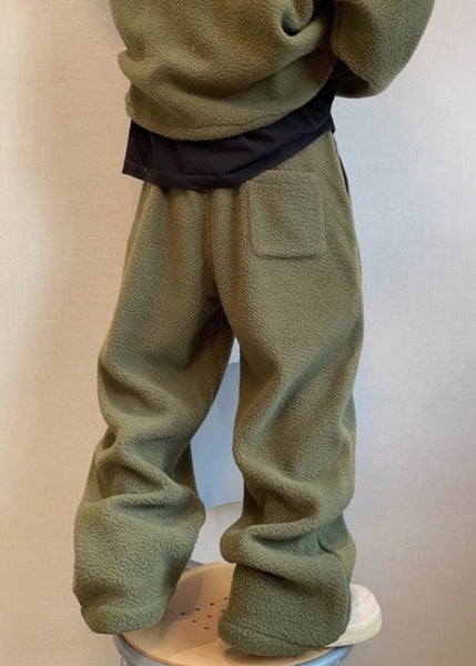 Loose Green Lace Up Elastic Waist Teddy Faux Fur Mens Pants Winter RM039 ABC