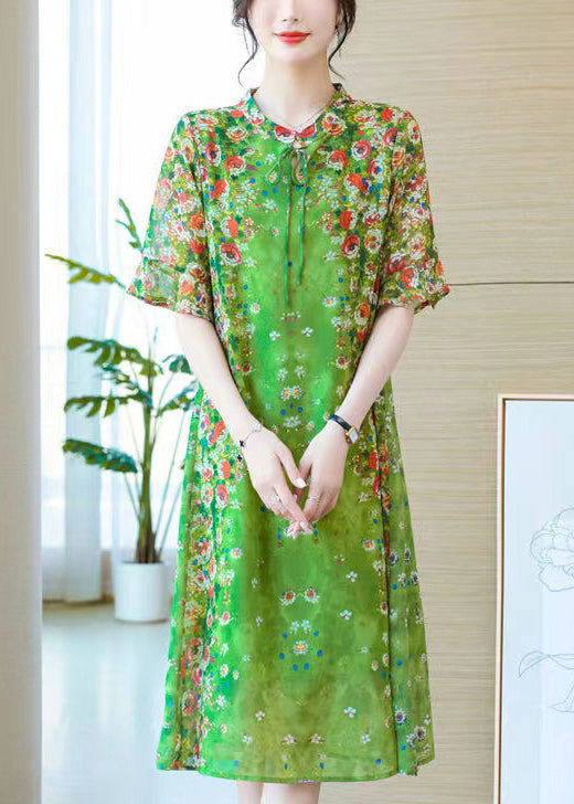 Loose Green Lace Up Print Silk Long Dresses Summer OP1012 Ada Fashion