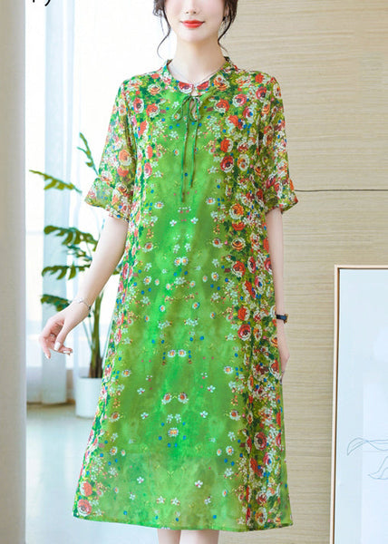 Loose Green Lace Up Print Silk Long Dresses Summer OP1012 Ada Fashion
