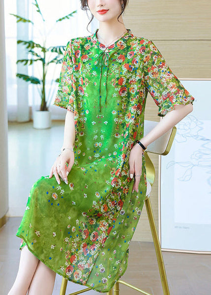 Loose Green Lace Up Print Silk Long Dresses Summer OP1012 Ada Fashion