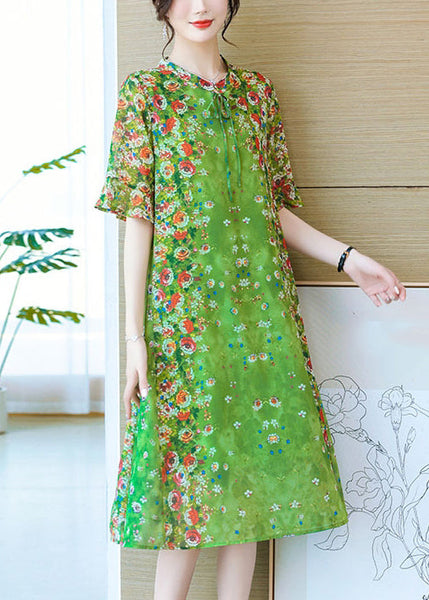 Loose Green Lace Up Print Silk Long Dresses Summer OP1012 Ada Fashion