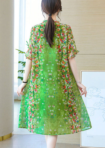 Loose Green Lace Up Print Silk Long Dresses Summer OP1012 Ada Fashion