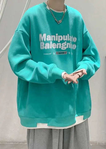 Two Sweatshirt Pieces False Cotton Neck Letter Green Loose Men O FashionChic