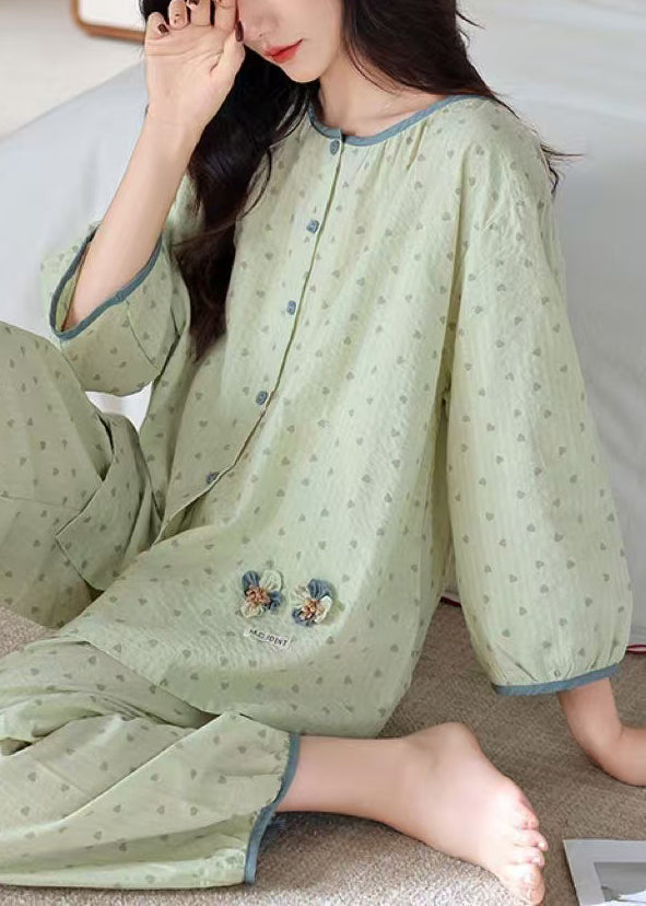 Pieces Cotton Pajamas Print Green Elastic Loose O Two Waist Neck FashionChic